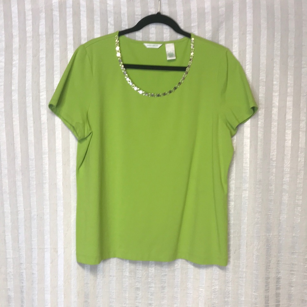 Laura Ashley lime green blouse, decorative chain on deep U collar. Size large